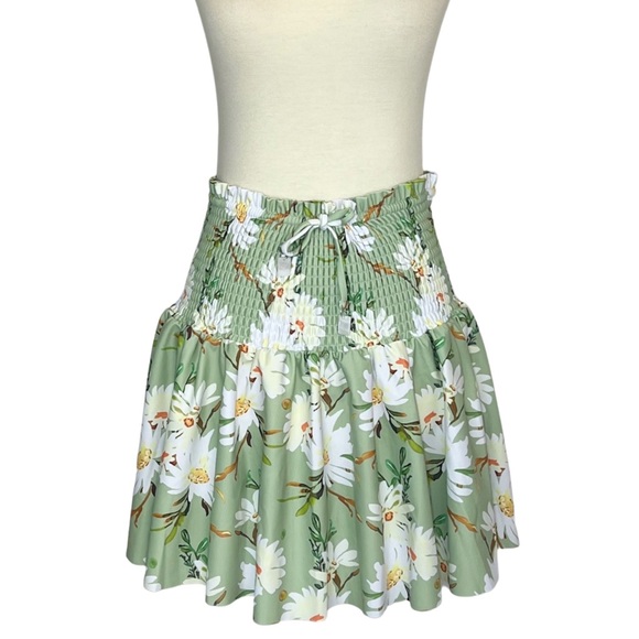 Retro Pale Green Floral Shirred High Waist Drawstring Beach Skirt - Picture 8 of 16